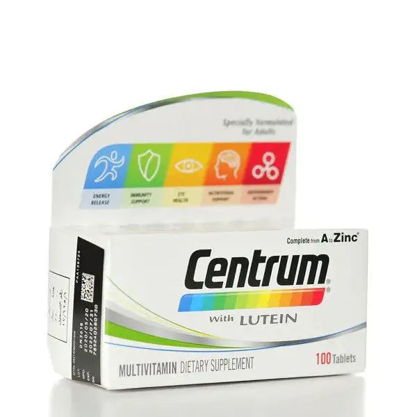 Centrum Lutein Tablets 100Ct packaging showcasing multivitamin dietary supplement for adult nutrition.