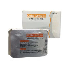 Coity Long 60mg Sex Timing Tablet packaging featuring Dapoxetine HCl and dosage instructions.