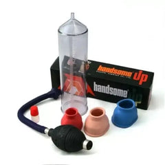 Penis Enlargement Pump with vacuum chamber, silicone sleeves, and handle for enhancing erections.