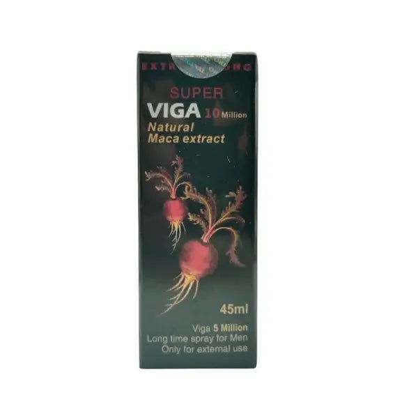 Viga 10 Million Extra Strong Delay Spray 45 ML packaging featuring natural maca extract ingredients.
