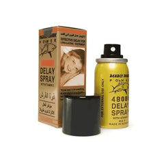 Deadly shrak Power 48000 Delay Spray packaging and bottle for enhanced endurance.